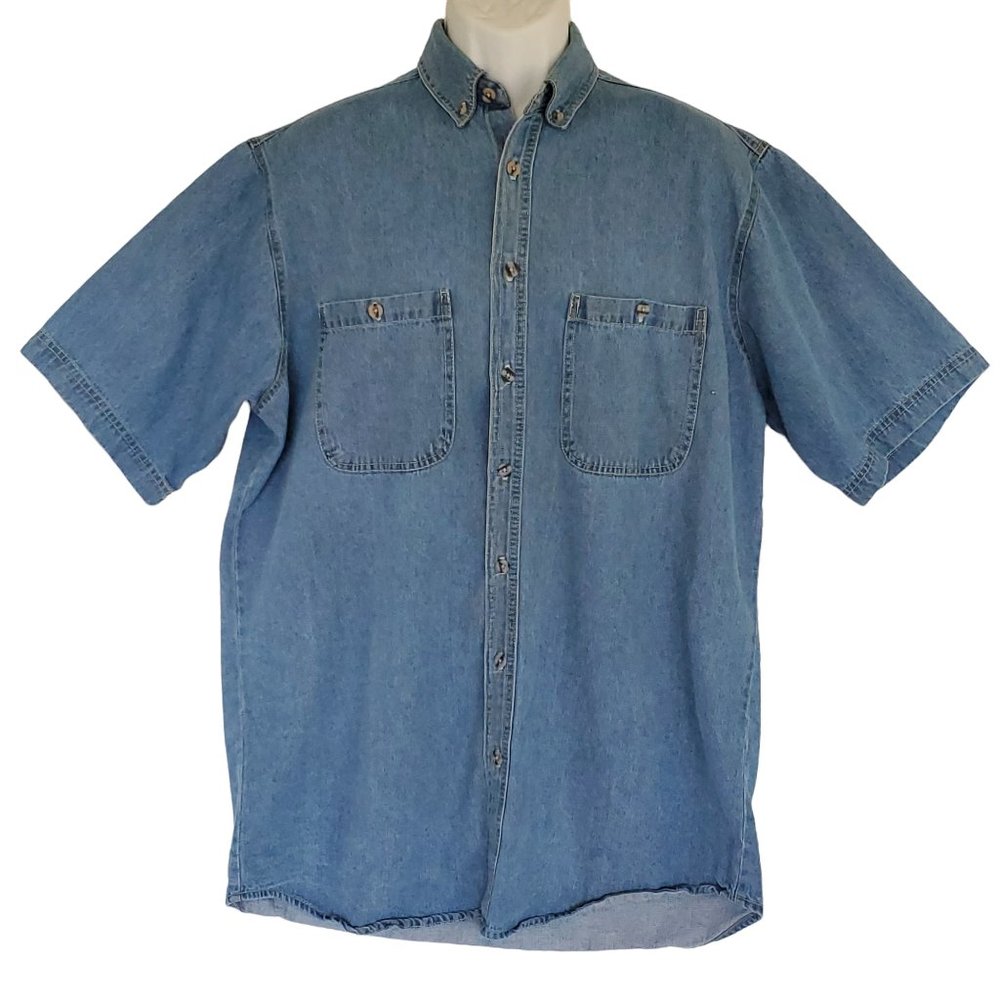 Field N Forest Denim Shirt Men's LT Blue Button Down Pockets Drop Tail Cotton